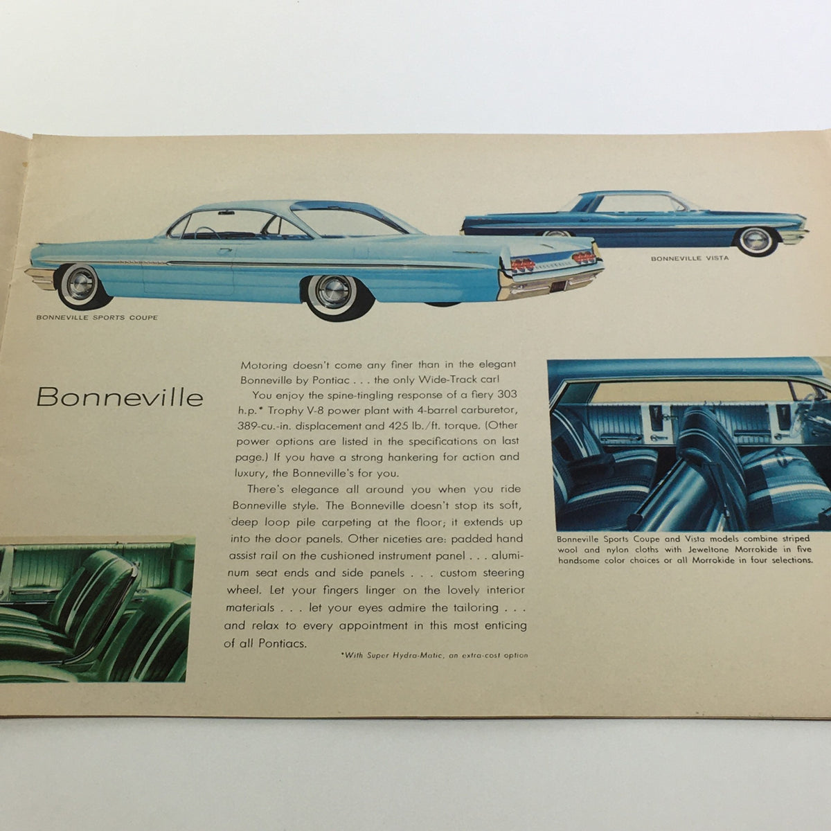 1961 Pontiac Trophy Economy V-8 Engine 303-Horsepower Car Sale Brochure showcasing the Bonneville Sports Coupe and Vista with detailed descriptions of their features.