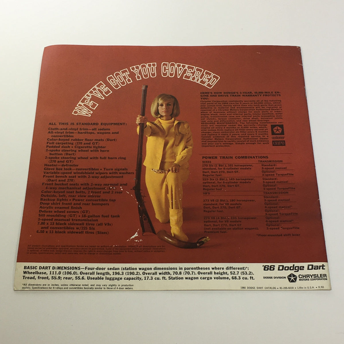 1966 Dodge Dart V-8 Engine 4-Speed Gearbox 2-Door Sedan Car Sale Brochure showcasing the back cover with specifications and features, featuring a woman in a yellow outfit holding a rifle.