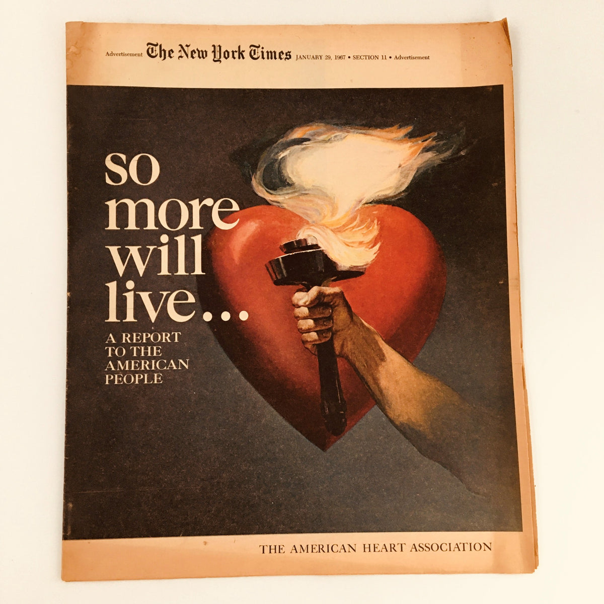 Vintage The New York Times Newspaper from January 29, 1967, featuring a cover illustration related to the American Heart Association with the tagline 'So More Will Live...'.