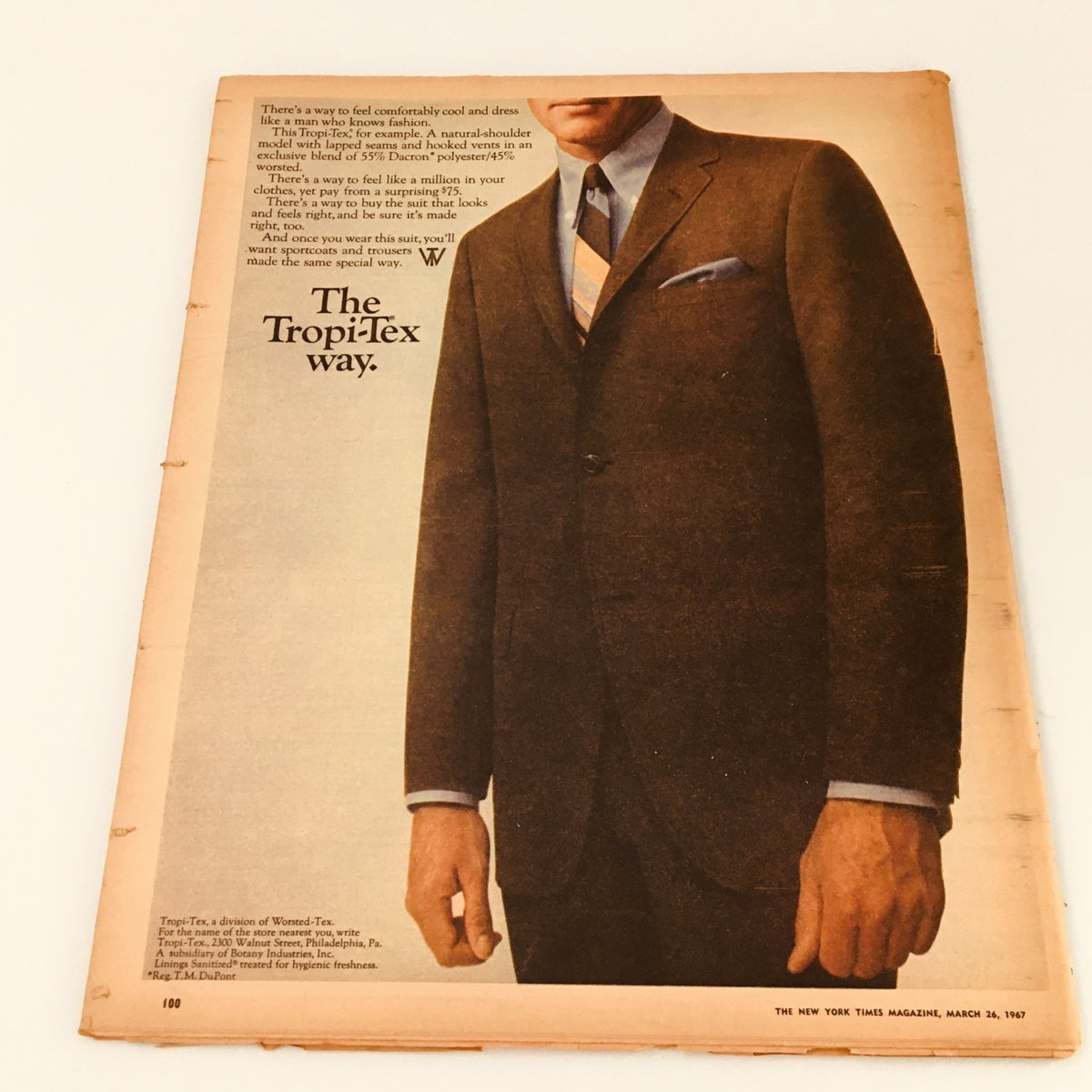 The New York Times Magazine March 26 1967 back cover ad for Tropi-Tex, displaying a men's suit style and highlighting the fabric composition.