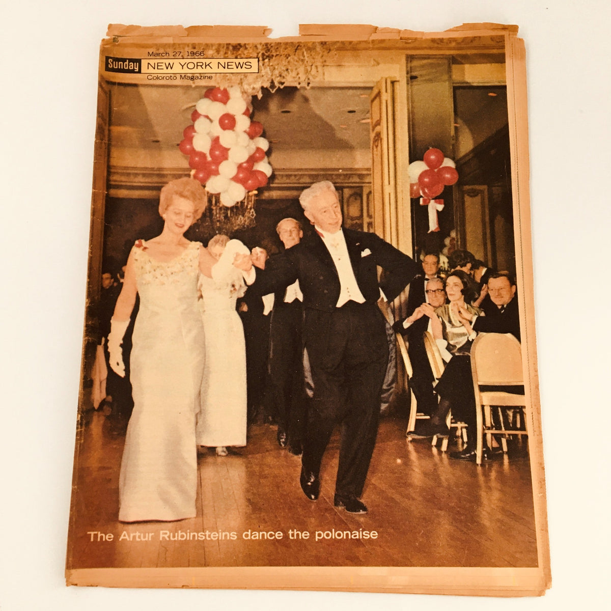Cover of Sunday New York News Magazine from March 27, 1966, featuring Artur Rubinstein at a dance event, highlighting the vibrant social scene of 1960s New York.