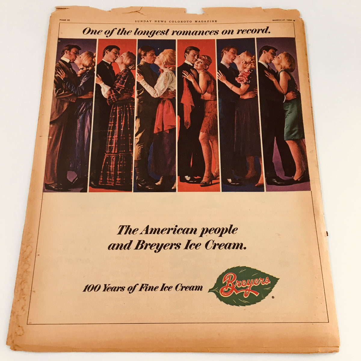 Back cover of Sunday New York News Magazine from March 27, 1966, featuring an advertisement for Breyers Ice Cream, presenting classic American romance themes.