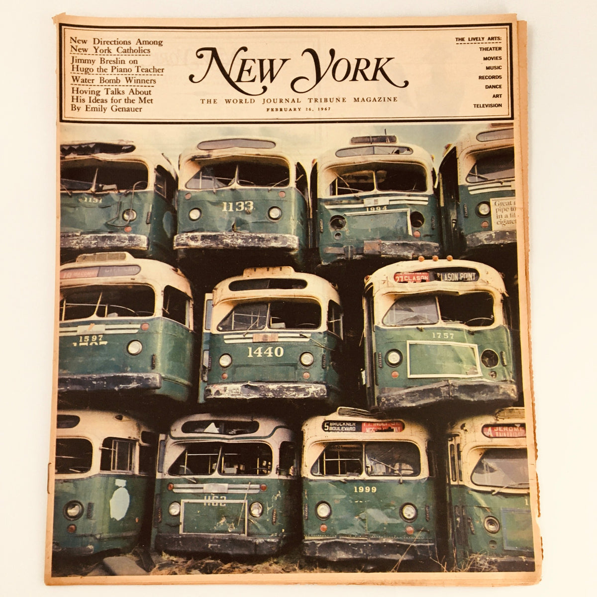 Cover of VTG New York Magazine from February 26, 1967 featuring multiple vintage green buses stacked together, showcasing an iconic article by Jimmy Breslin on Hugo.