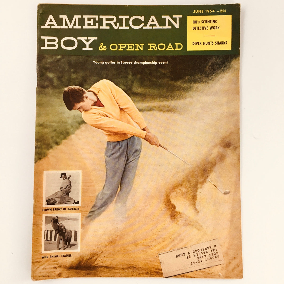 Cover of the June 1954 American Boy & Open Road Magazine featuring a young golfer in a Jaycee Championship event, showcasing vibrant color and nostalgic design elements.