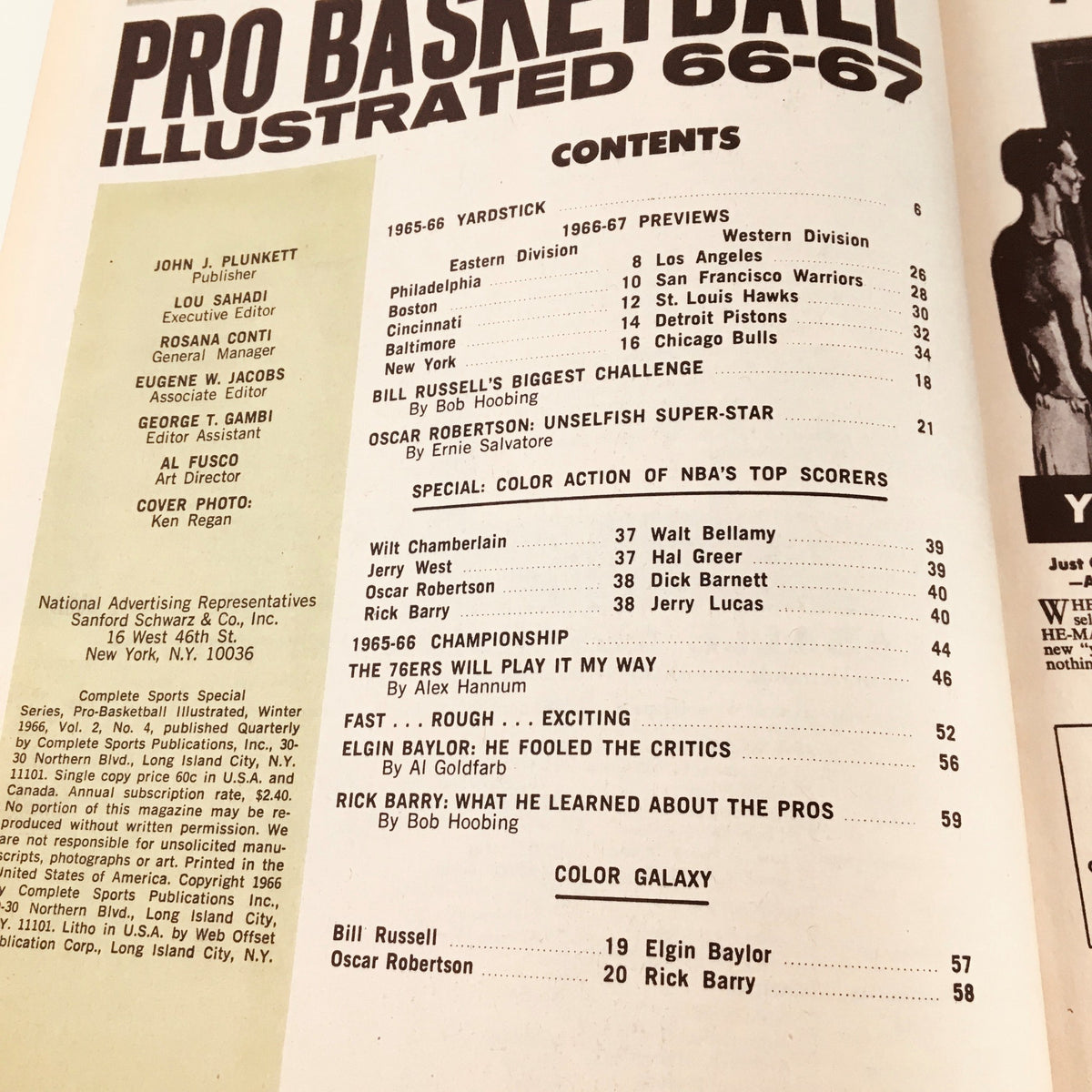 Contents page of Pro Basketball Illustrated Magazine Winter 1966-1967, detailing featured articles and notable NBA players of the season.