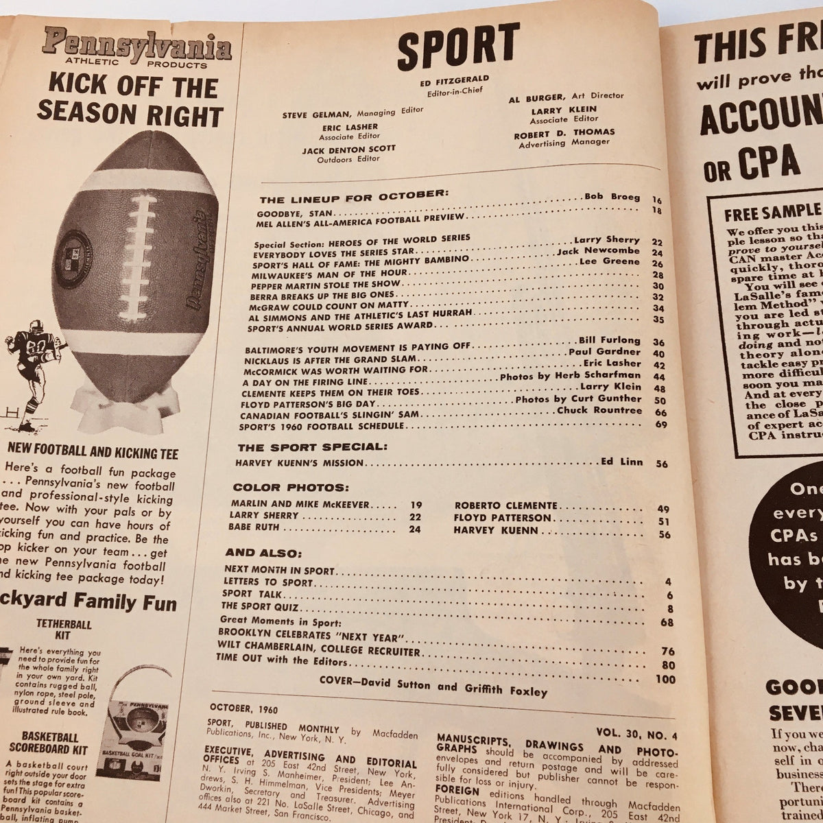 Inside view of VTG Sport Magazine October 1960, detailing features and articles, including the lineup for the issue with a focus on Babe Ruth.