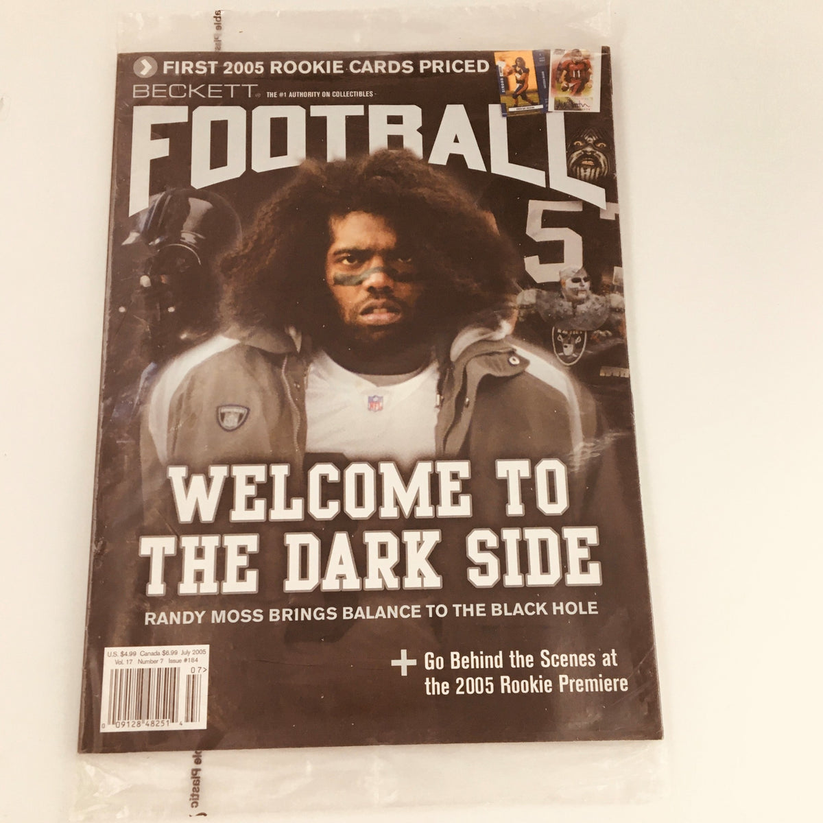 Beckett Football Magazine July 2005 Vol #17 Issue 184 featuring Randy Moss on the cover, showcasing the headline 'Welcome to the Dark Side' emphasizing Moss's impact on the game.