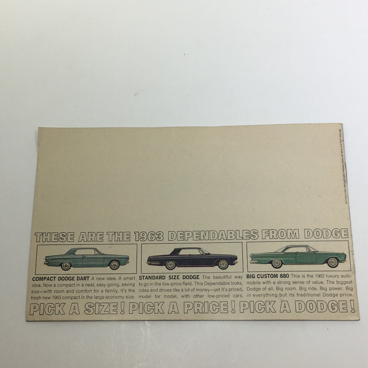Reverse side of the 1963 Dodge - Compact Dodge Dart - Standard Sz Dodge - Big Custom 880 Car Catalog listing the dependables from Dodge, including Compact Dodge Dart and Big Custom 880 models.