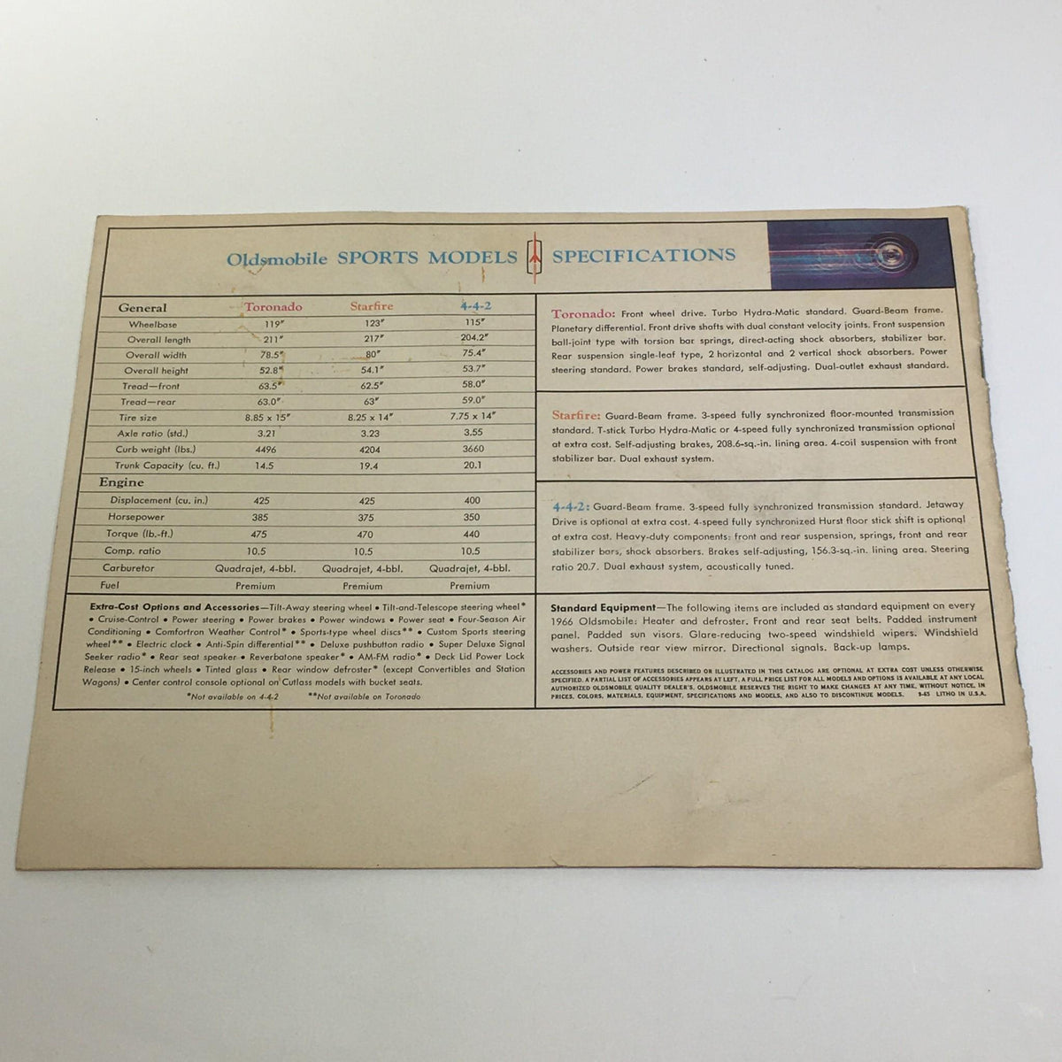 Specifications page from the 1966 Oldsmobile Sports Model Tornado-Starfire brochure, listing detailed information about the Tornado and Starfire models.