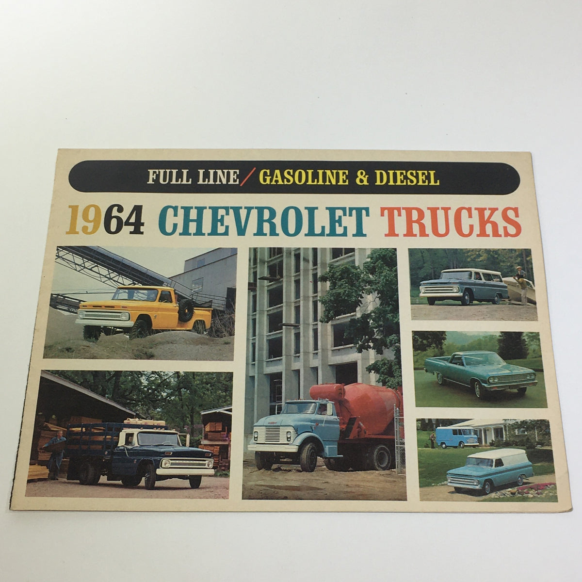 Cover image of the 1964 Chevrolet Trucks Fleetside Pickup Delivery Van Tilt Cab & Chassis Catalog showcasing various Chevrolet trucks including a delivery van and pickup trucks.