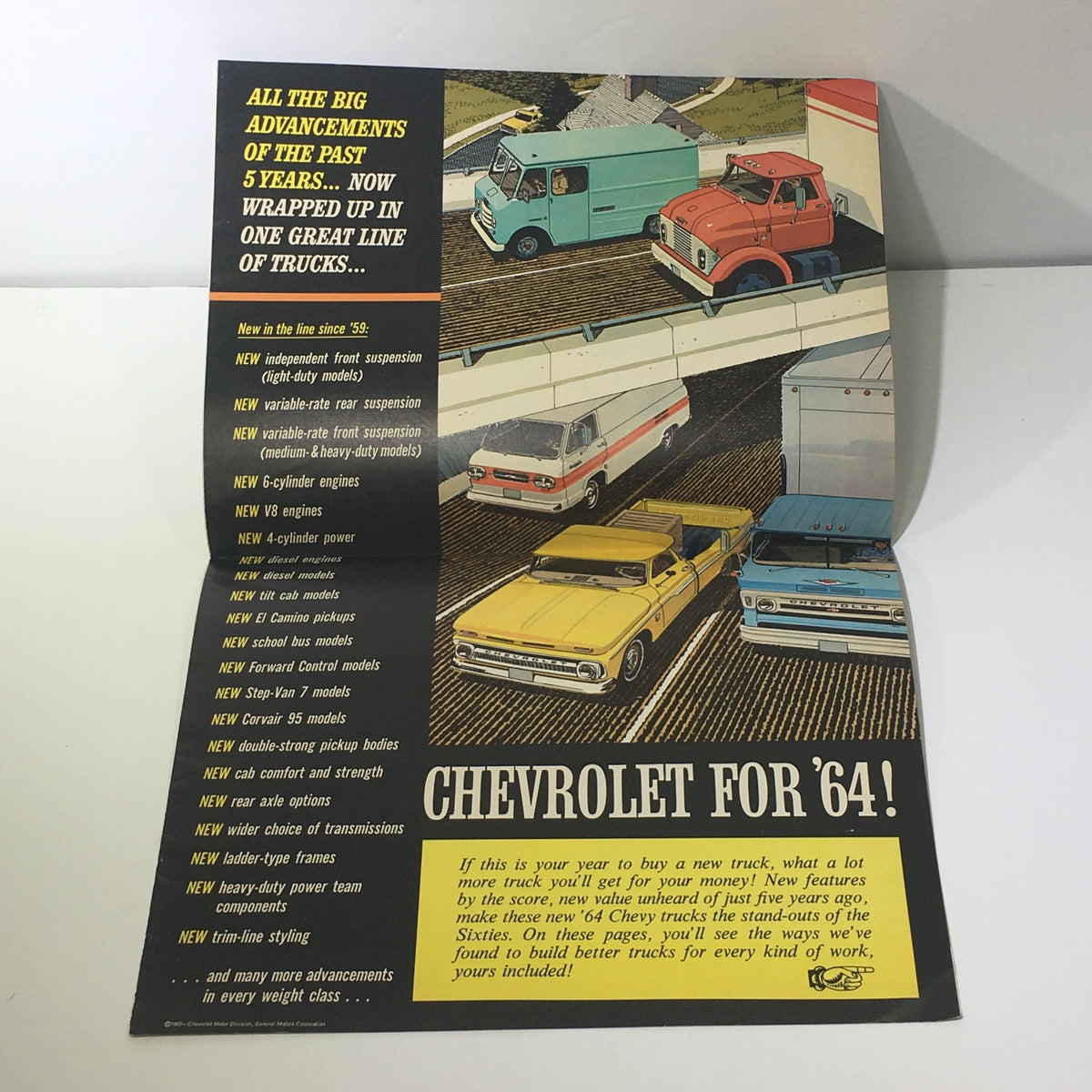 Interior page of the 1964 Chevrolet Trucks Fleetside Pickup Delivery Van Tilt Cab & Chassis Catalog detailing advancements in Chevrolet trucks with images of different truck models available.