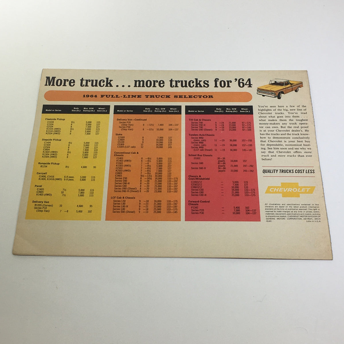 1964 Chevrolet Trucks Fleetside Pickup Delivery Van Tilt Cab & Chassis Catalog page showcasing truck specifications and models, including a full-line truck selector for 1964.