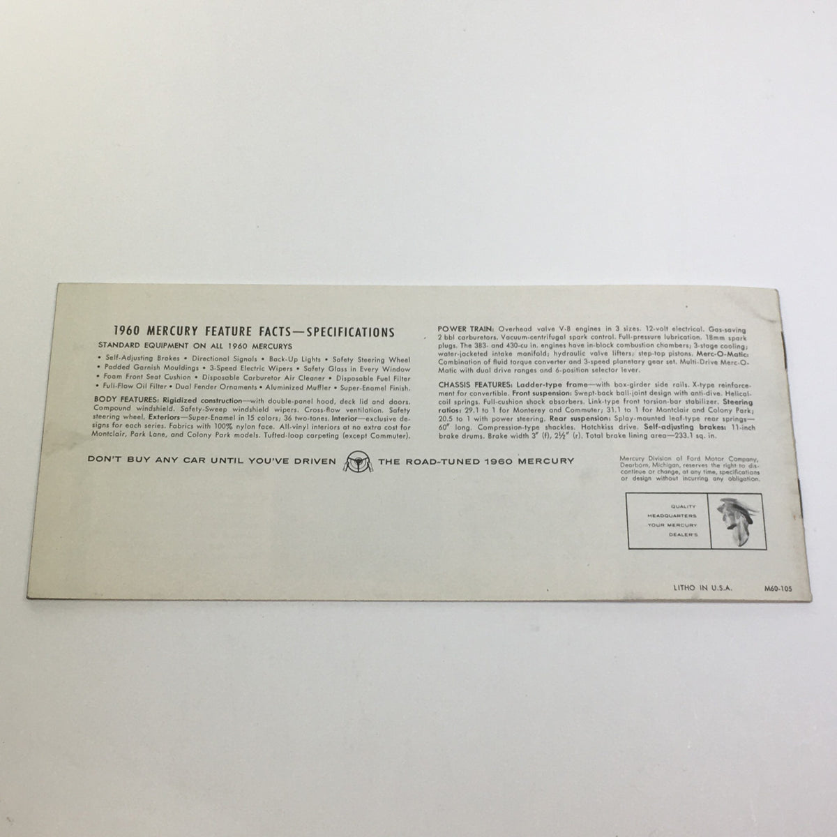 Back page of the 1960 Mercury Sleek-Line Styling V8 Engines 3-Speed Gear Set Car Catalog Brochure detailing specifications and features of the 1960 Mercury models.