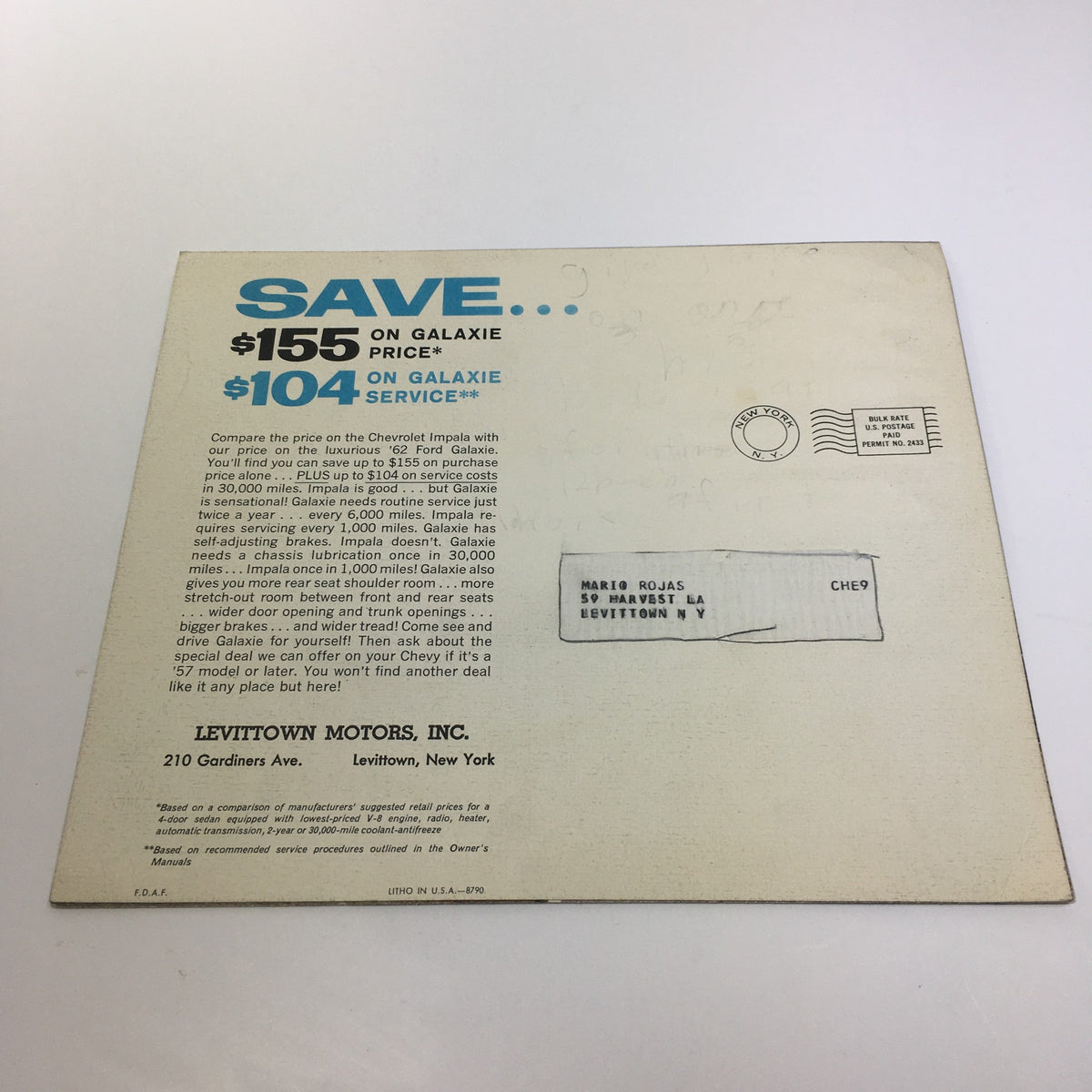 Back cover of the 1962 Ford Galaxie Town 500 brochure displaying promotional text related to savings on Galaxy pricing and service options.