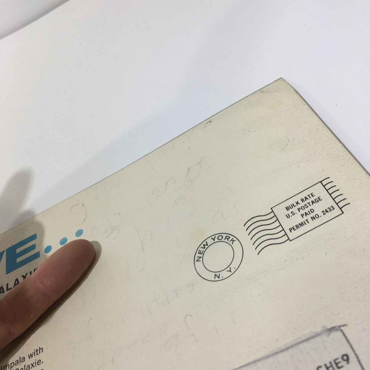 Back cover of the 1962 Ford Galaxie Town 500 brochure showing handwritten notes and a postal stamp with New York address.