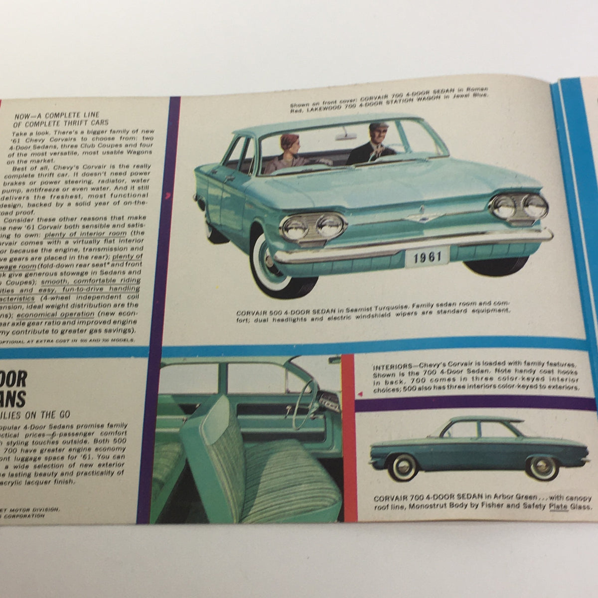 Detailed interior and exterior layout of the 1961 Chevy Corvair 500 4-Door Sedan, highlighting its classic design and features in the car sale catalog.