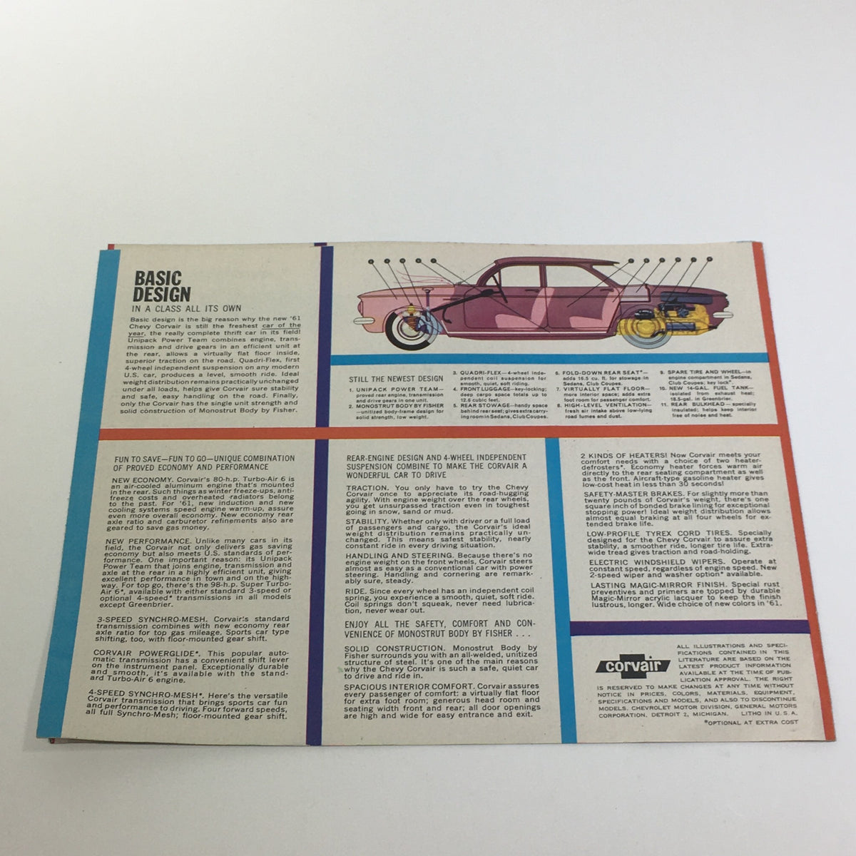 Informative section from the 1961 Chevy Corvair 500 Car Sale Catalog discussing design, engineering, and specifications of the vehicle.