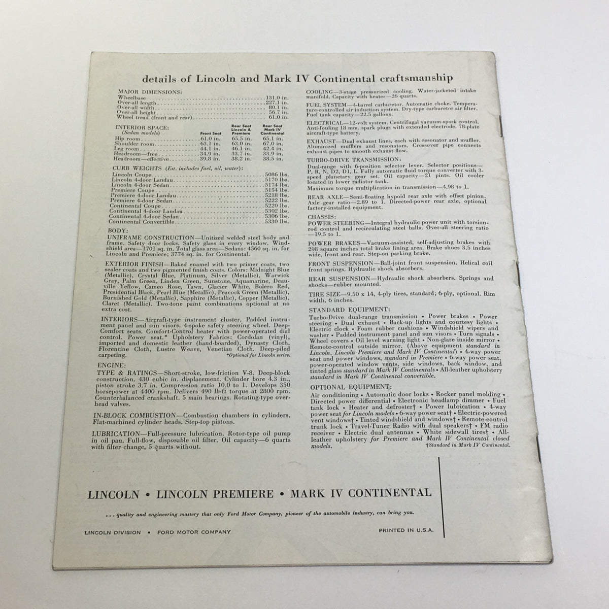 Back page of the 1959 Lincoln The Mark IV Continental Turbo-Drive Transmission Catalog Brochure detailing specifications.