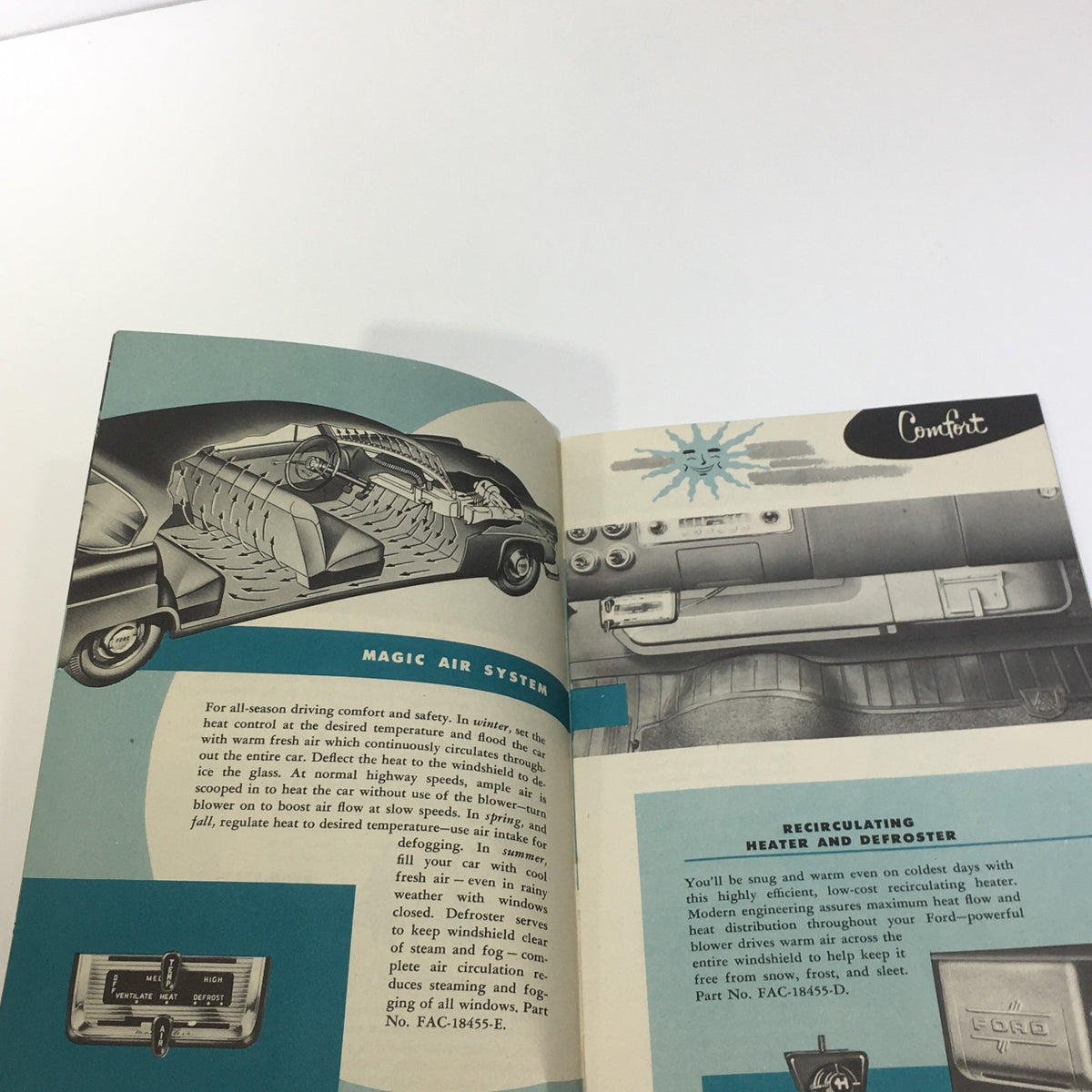 Inside view of the 1952 Ford Genuine Accessories Magic Air System Defroster Car Catalog Brochure displaying illustrations and descriptions of the Magic Air System.