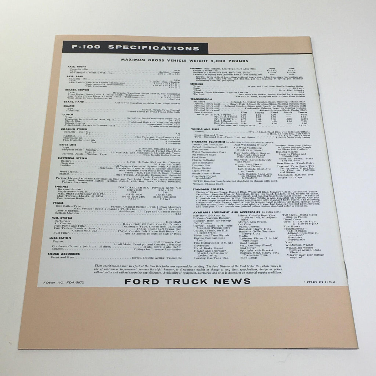1955 Ford Trucks Series F-100 Heavy-Gage Steel Side Panels Car Catalog Brochure, displaying detailed specifications including vehicle weight, drivetrain, and equipment for the F-100 model.