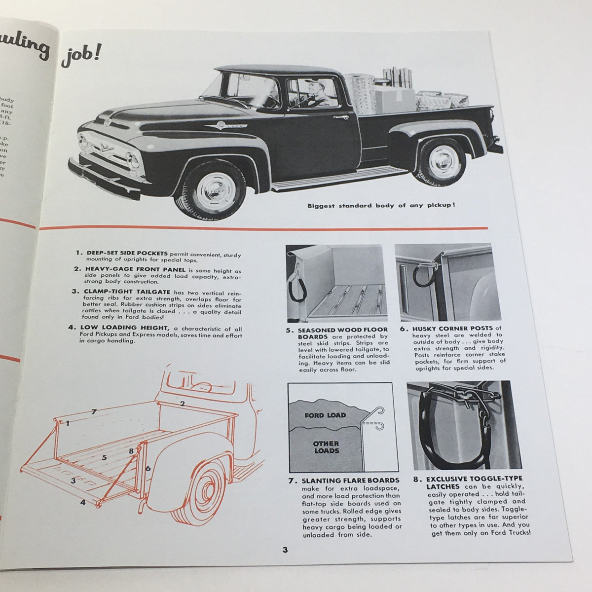 1956 Ford Triple Economy Trucks Light Duty Series F-100 250 350 Catalog Brochure showcasing the features of a Ford truck, including deep-set side pockets and low loading height.
