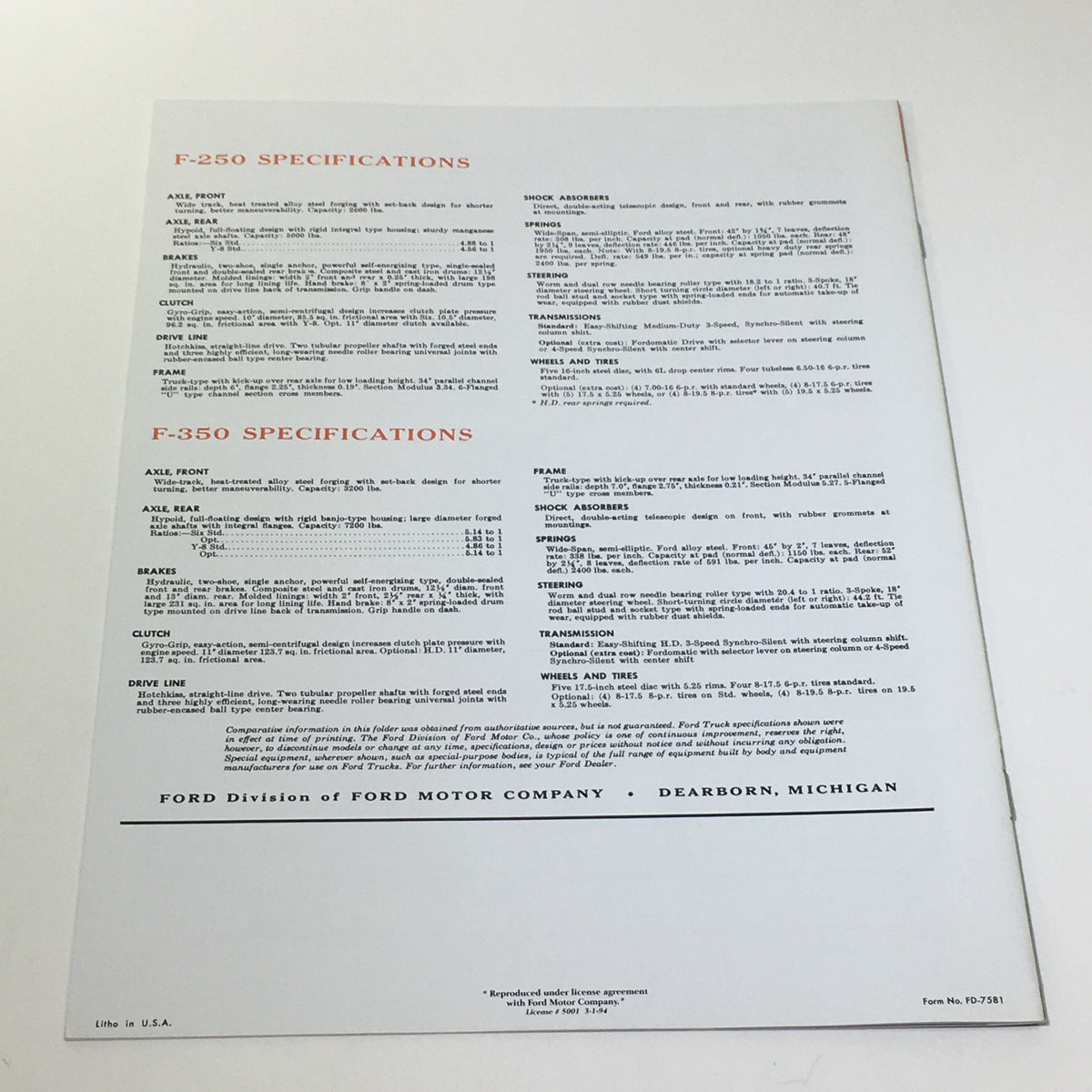 1956 Ford Triple Economy Trucks Light Duty Series F-100 250 350 Catalog Brochure featuring specifications for F-250 and F-350 models, highlighting details such as axle and brake specifications.