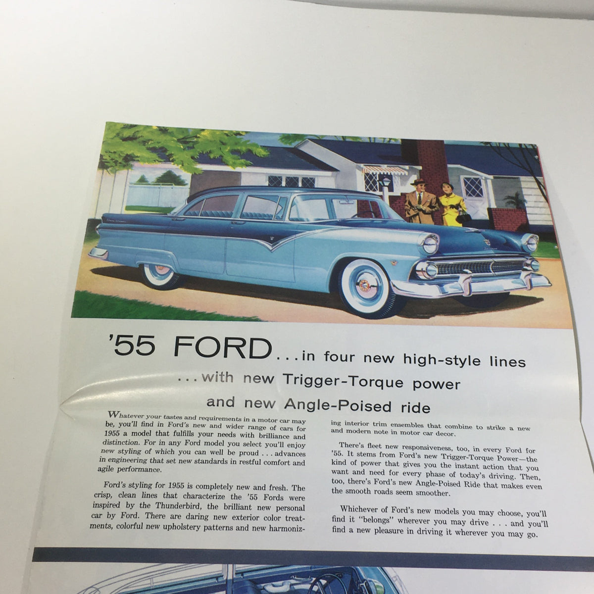 Inside page of the 1955 Ford Trigger-Torque Power Angle-Poised V-8 Engines Car Catalog Brochure showcasing four high-style lines of Ford cars.