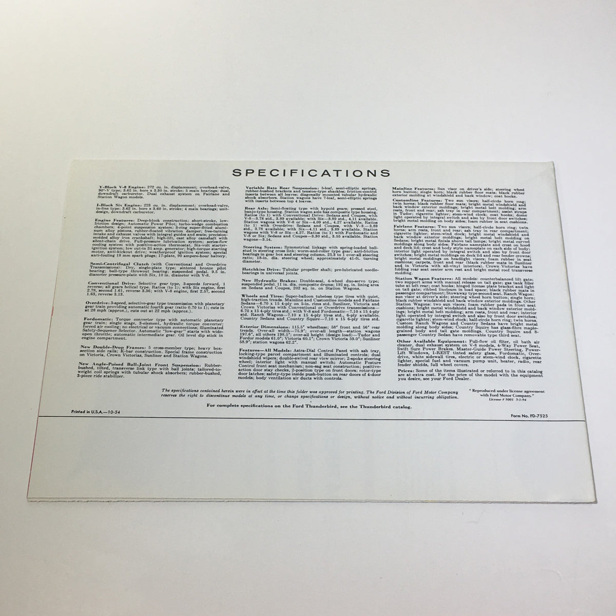 Specifications page from the 1955 Ford Trigger-Torque Power Angle-Poised V-8 Engines Car Catalog Brochure, detailing the features and specifications.