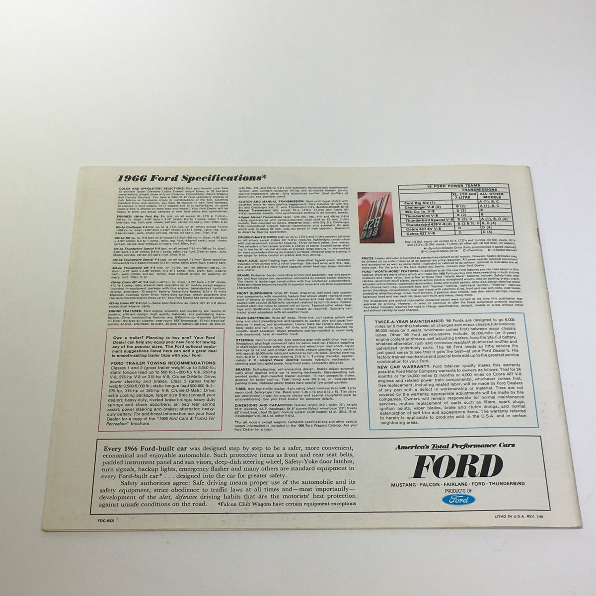 Specifications page from the 1966 Ford 200-HP V-8 Engine Cruise-O-Matic Drive Die-Cast Grill Car Catalog detailing features and performance information.