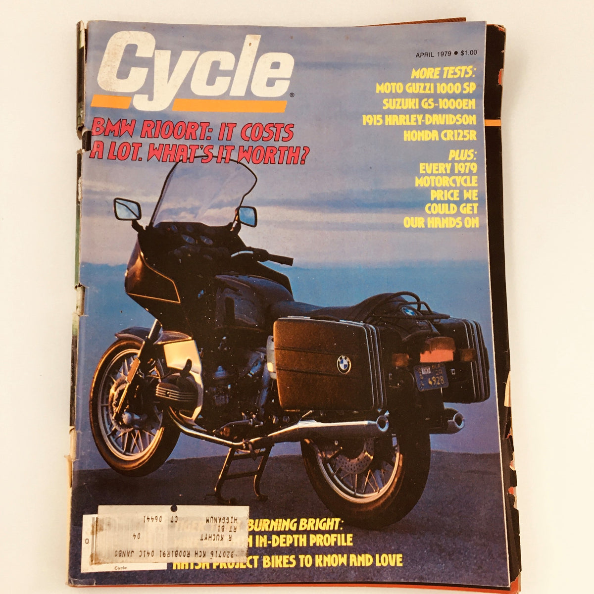 Cover of VTG Cycle Magazine April 1979 featuring the BMW R100RT, highlighting its touring capabilities with a striking motorcycle image and relevant tests including Moto Guzzi 1000 SP.