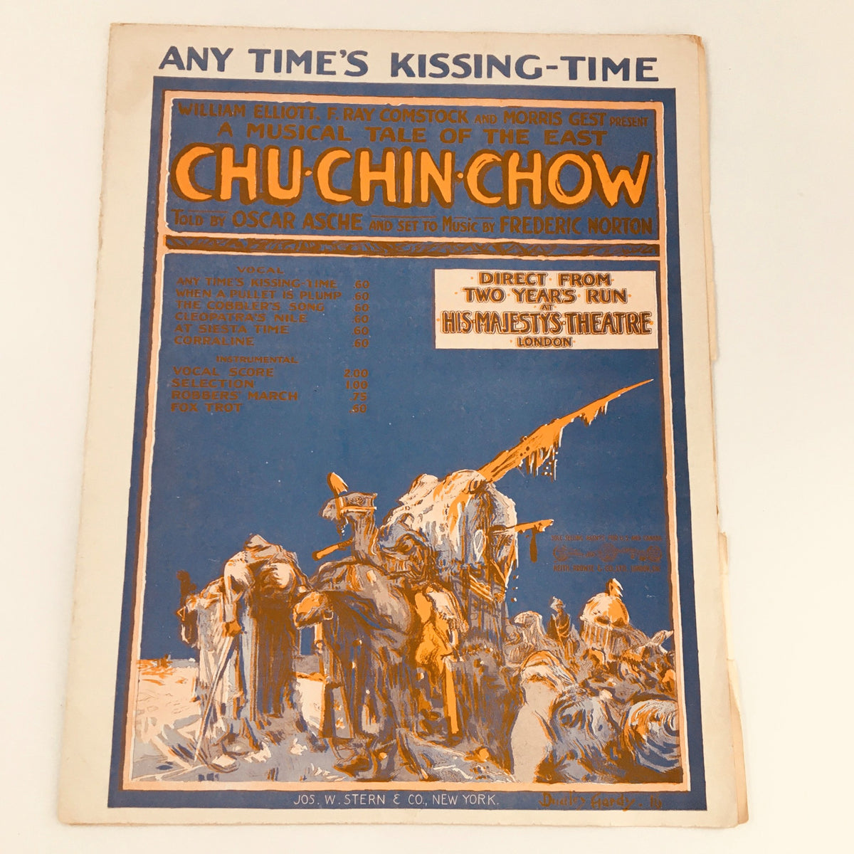Vintage music sheet cover for 'Any Time's Kissing-Time' from the 1916 film Chu-Chin-Chow, composed by Frederic Norton. The colorful design captures the essence of early 20th-century cinema, featuring artistic illustrations and text details about the musical production.