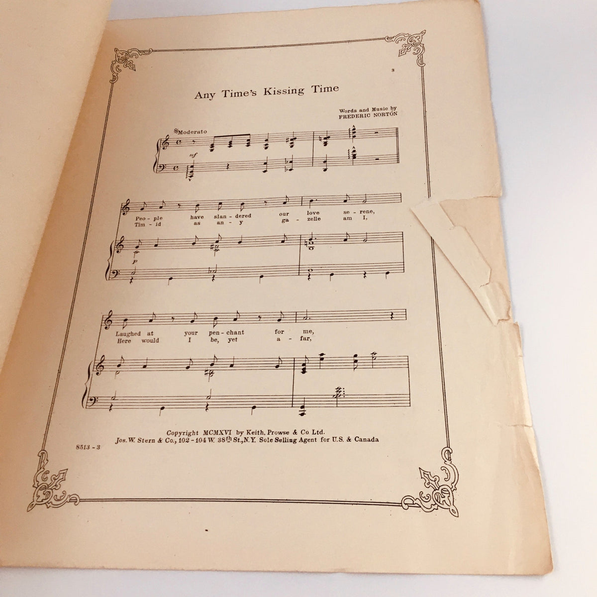 Vintage music sheet page titled 'Any Time's Kissing Time' by Frederic Norton, featuring musical notations and lyrics, from the 1916 film Chu-Chin-Chow.