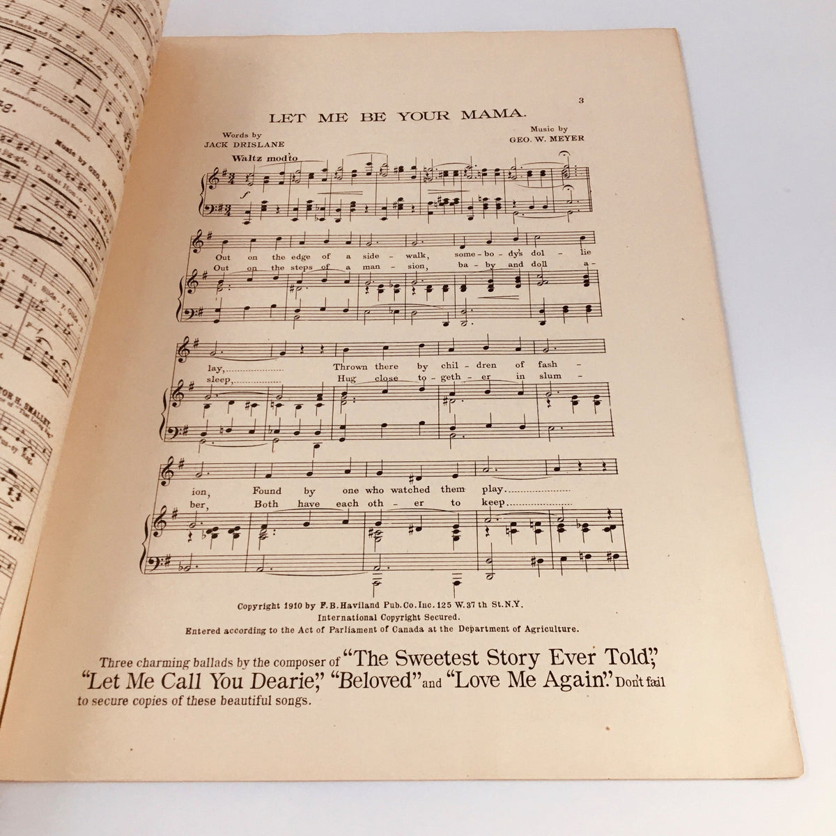 Interior view of the vintage music sheet 'Let Me Be Your Mamma', featuring musical notes and lyrics by Geo W. Meyer and Jack Drislane.