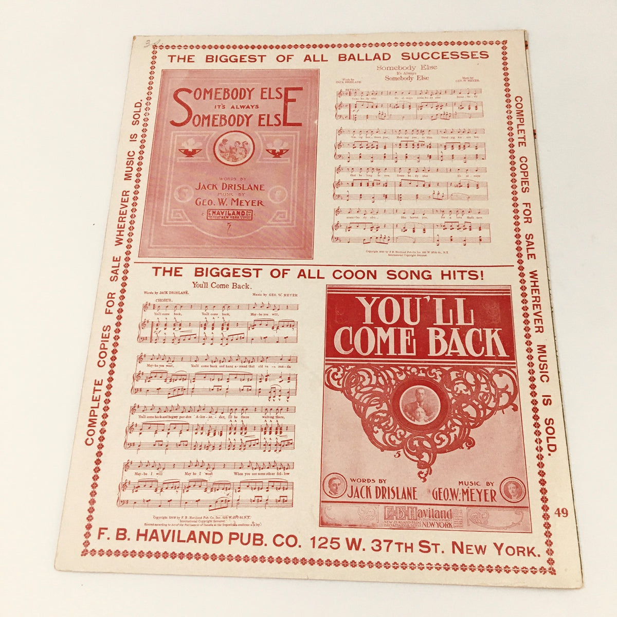 Back cover of the vintage music sheet 'Let Me Be Your Mamma', displaying other musical titles and advertisements from F.B. Haviland Publishing.