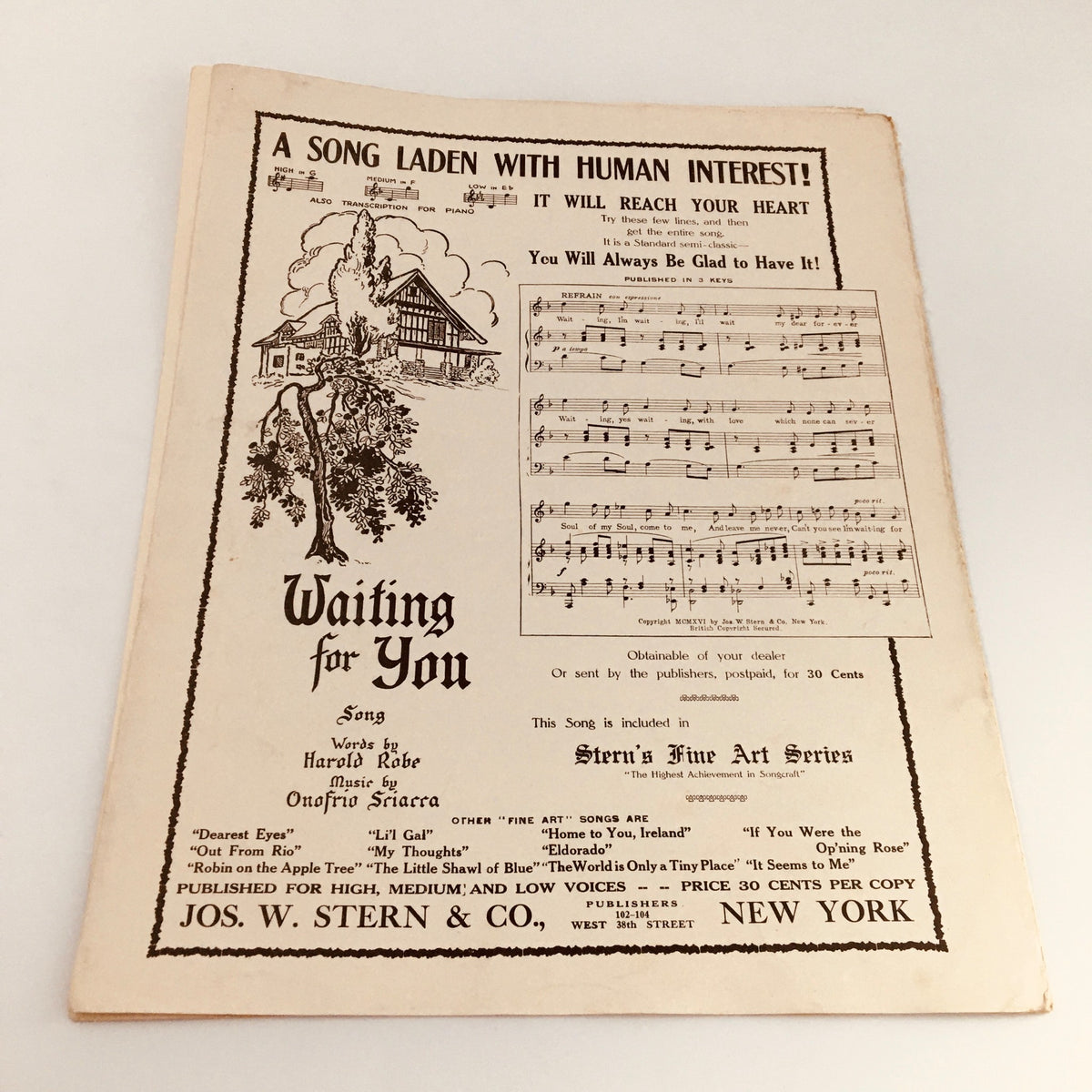 Cover page of the song sheet 'Waiting for You', highlighting its appeal and musical details, related to the era of 'My Love's A Secret'.