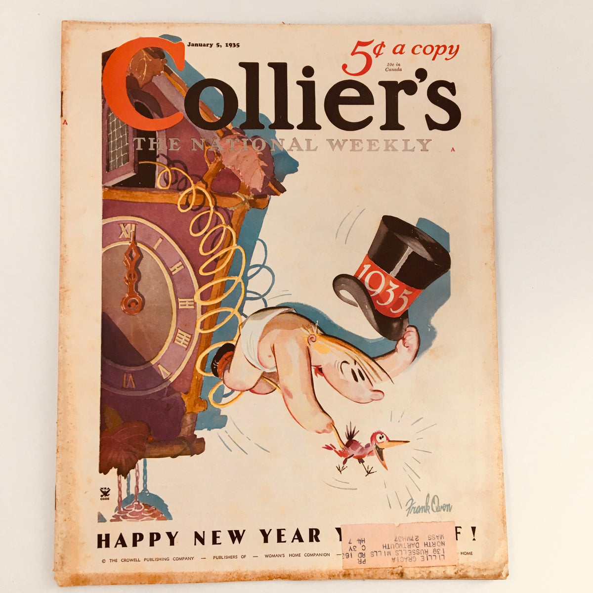 Cover of VTG Collier's Magazine January 5, 1935, featuring a whimsical illustration celebrating the New Year with a clock, a top hat, and festive imagery.