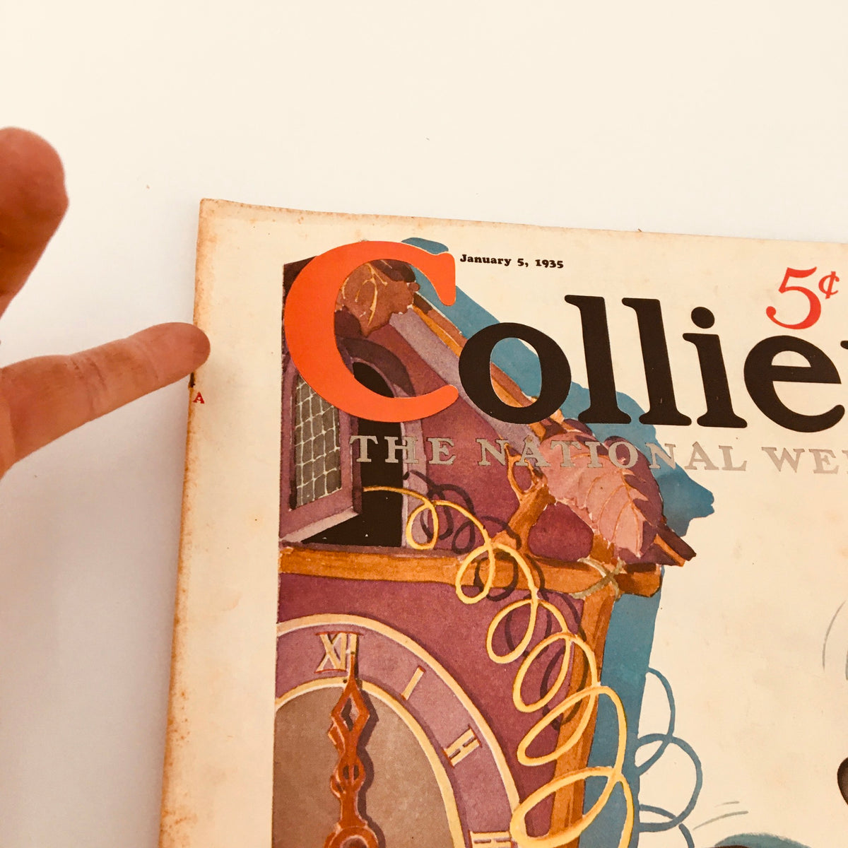 Close-up view of the top section of VTG Collier's Magazine January 5, 1935, highlighting the title and decorative elements surrounding a clock.