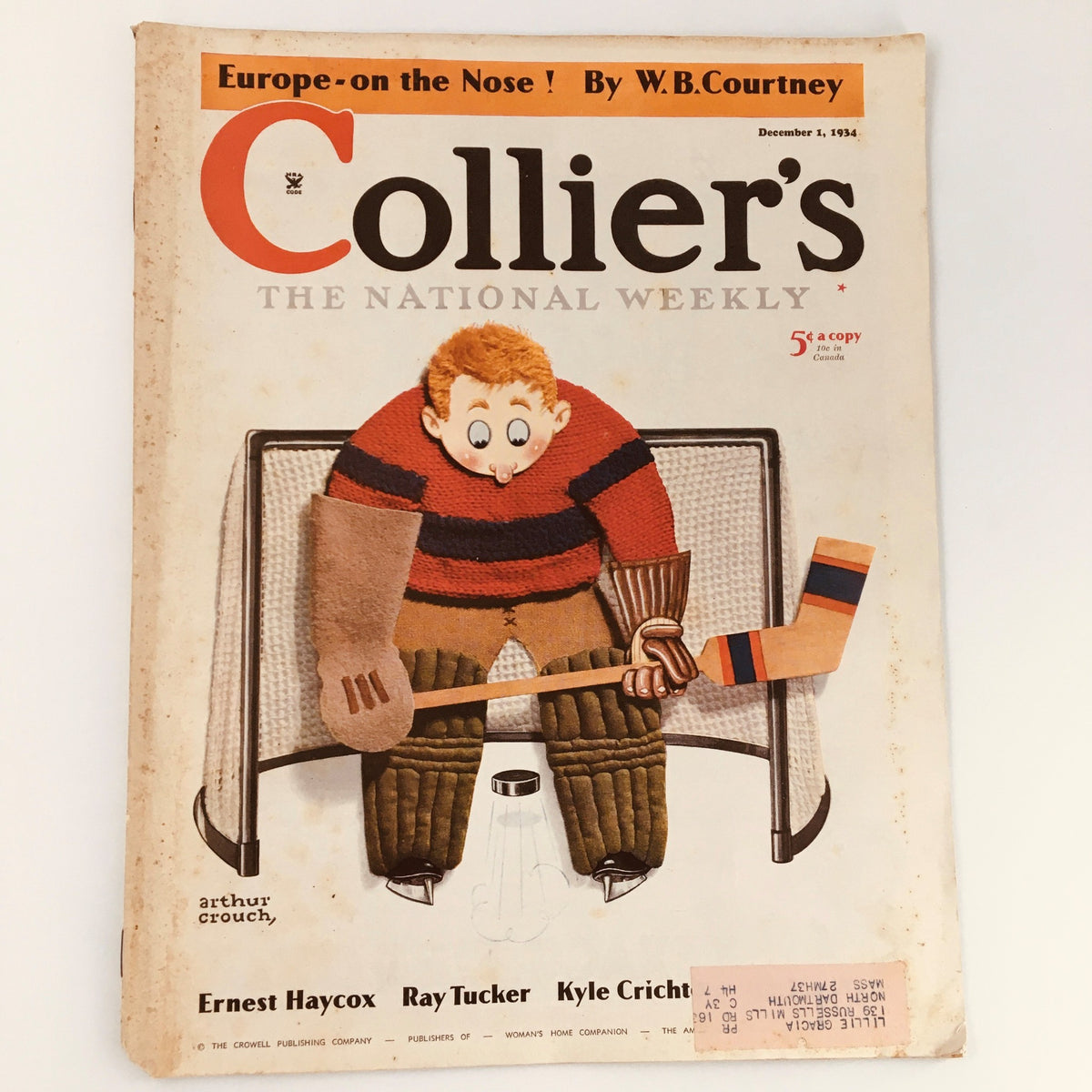 Cover of the VTG Collier's Magazine December 1, 1934 featuring the article 'Europe-On The Nose' by W.B. Courtney, illustrated with a vintage cartoon of a hockey player in a striped sweater holding a hockey stick.