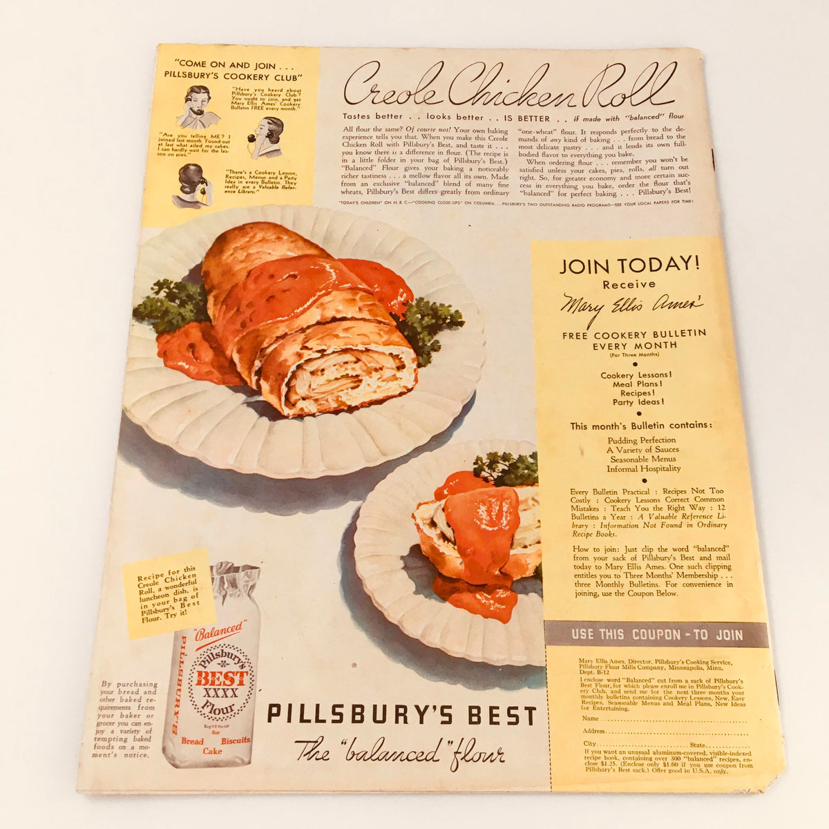 Pillsbury's Best advertisement from the December 1, 1934 issue of Collier's Magazine featuring 'Creole Chicken Roll' and cookery club promotions.