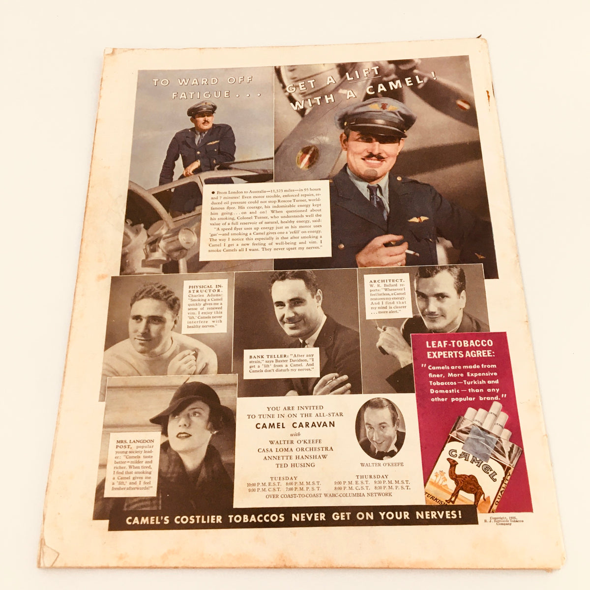 Back cover of VTG Collier's Magazine January 19, 1935 featuring an advertisement for Camel cigarettes, showcasing pilots and invitations to a Camel Caravan event, reflecting the advertising style of the era.