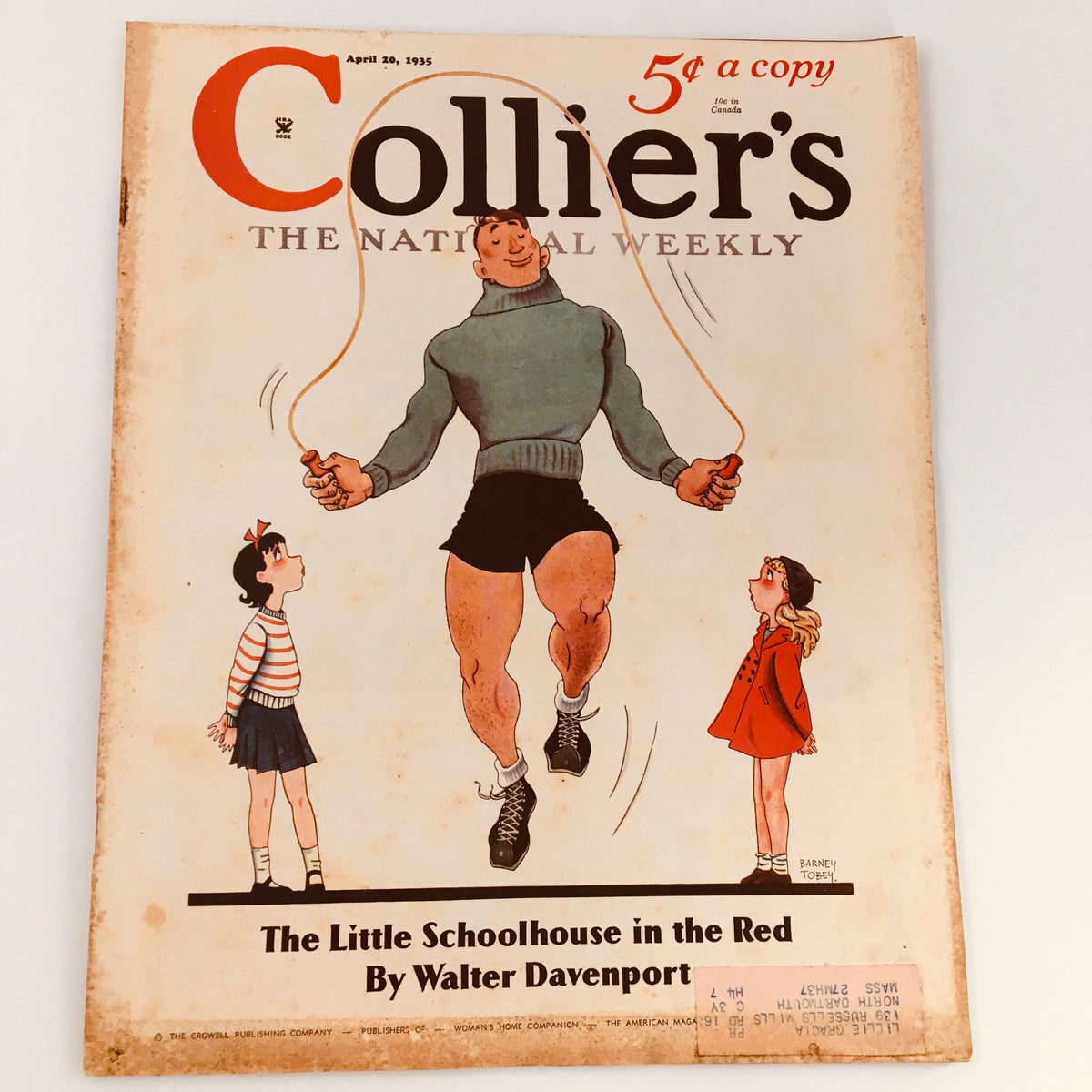Vintage Collier's Magazine cover from April 20, 1935, featuring the title 'The Little Schoolhouse by Walter Davenport'. The cover illustrates a strong man skipping rope with two children watching, showcasing vibrant colors and nostalgic design.