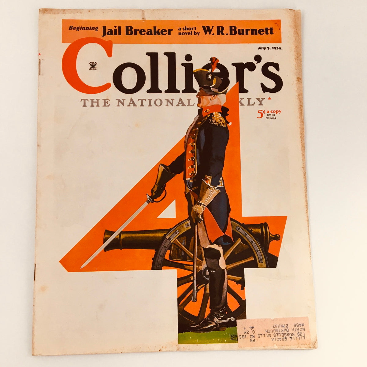 Cover of VTG Collier's Magazine July 7, 1934 featuring 'Beginning Jail Breaker' by W.R. Burnett with a striking illustration of a soldier next to a cannon and a prominent number 4.