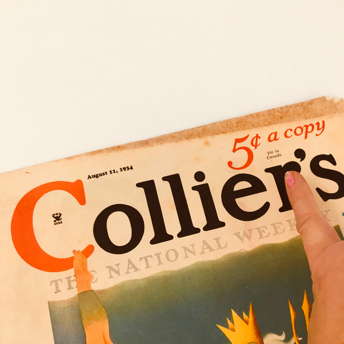 Close-up of the vintage Collier's magazine cover from August 11, 1934, highlighting the title 'The Same Old Demon' by Walter Davenport with a price of 5 cents.