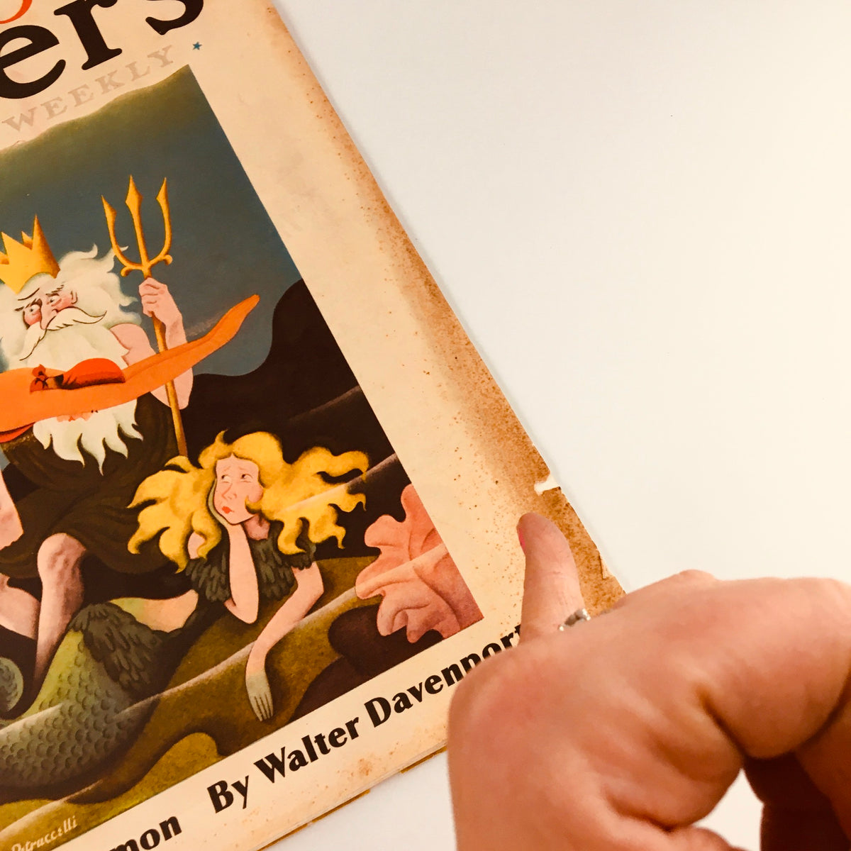 Detailed view of the vintage magazine cover from August 11, 1934, showing the illustrations for 'The Same Old Demon' by Walter Davenport.