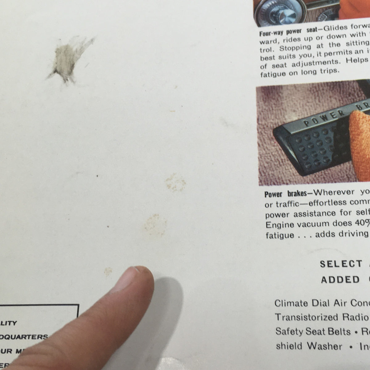 Detail image showing smudges on the back page of the 1960 Mercury Country Cruisers Self-Adjusting Brakes Hydraulics Car Sale Brochure, emphasizing vintage wear.