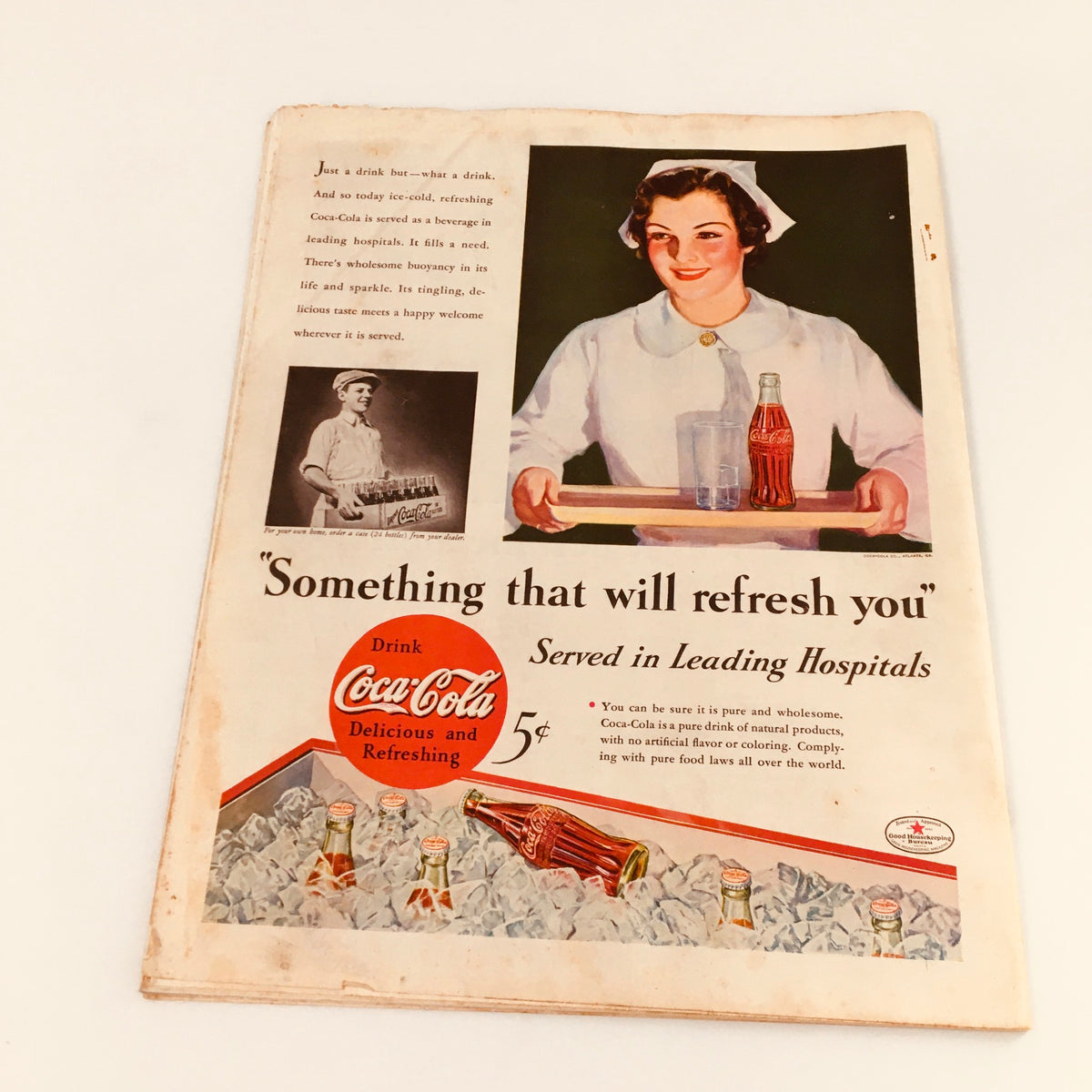 Back cover of the vintage Collier's Magazine dated April 21, 1934, promoting Coca-Cola as a refreshing drink served in leading hospitals. The ad depicts a woman in a nurse's outfit presenting the drink, further emphasizing the magazine's historic context. Title: 'VTG Collier's Magazine April 21 1934 2 Puppies Cover, The German by Hugh Walpole'.