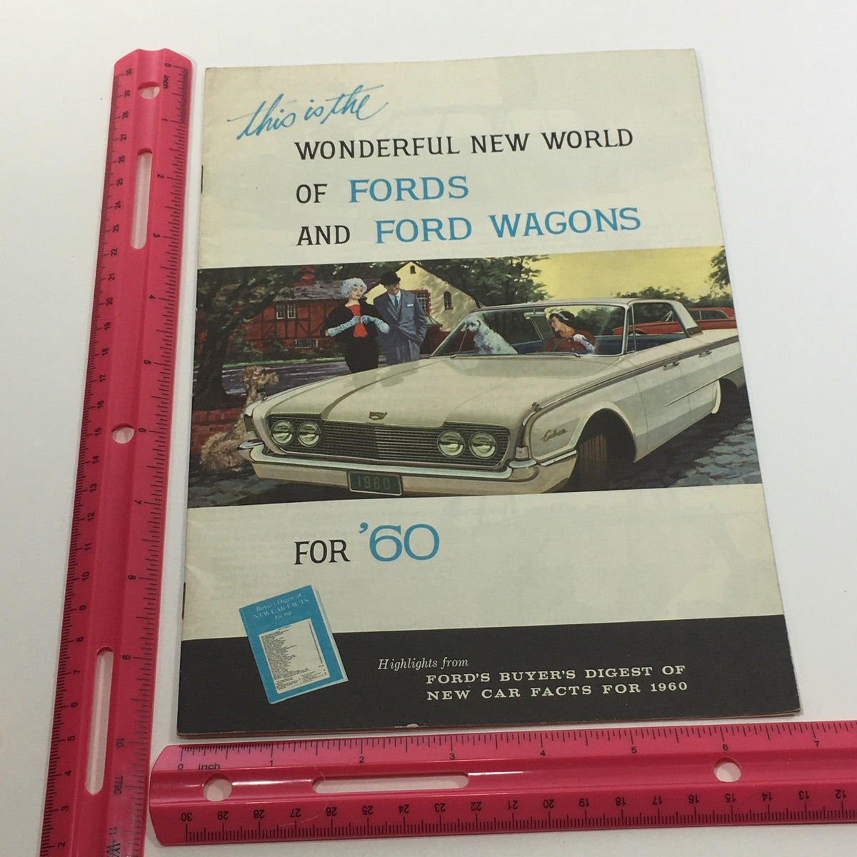 1960 Ford and Ford Wagons Galaxie Sedans Thunderbird 352 Special V8 Car Brochure front cover featuring a stylish Ford car with people and a dog, reflecting the charm of the 1960s automotive era.