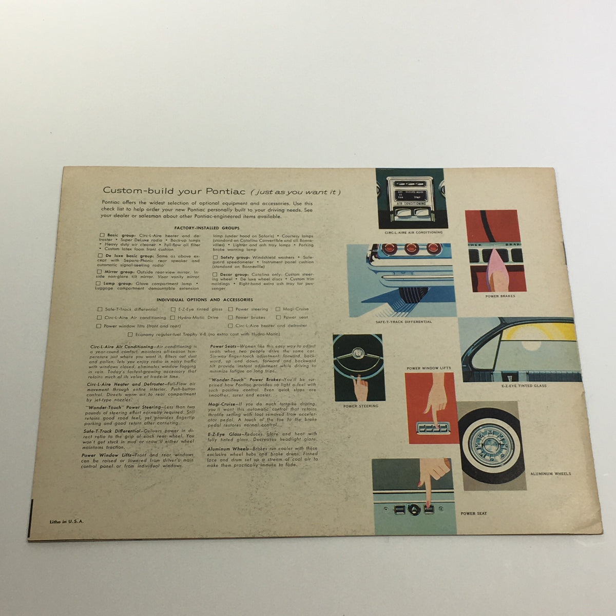 Back cover of the 1961 Pontiac Catalina 4-Door Sedan Safety Plate Glass Car Sale Brochure detailing customization options with various car features.