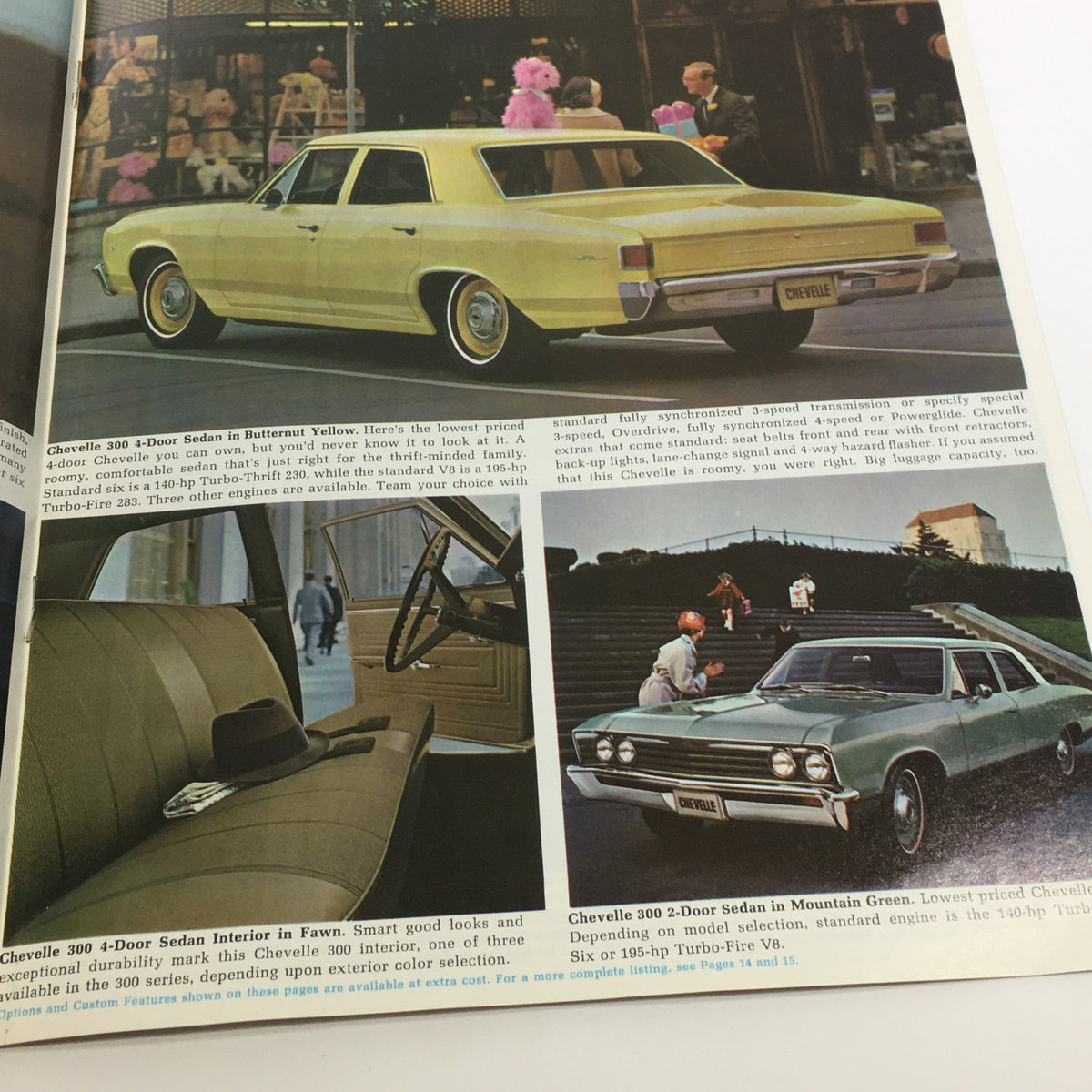 1967 Chevelle 300 by Chevrolet 4-Door Sedan brochure featuring images of the car in Buttercup Yellow, Fawn interior option, and Mountain Green, showcasing its stylish design and key features.