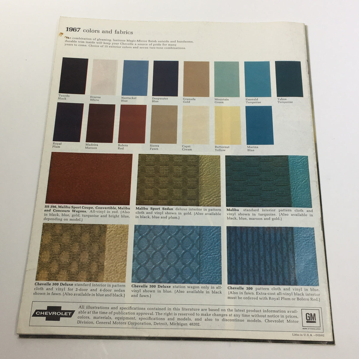 1967 Chevelle 300 by Chevrolet brochure displaying an array of colors and fabrics available for the model, emphasizing customization options for the classic 4-door sedan.